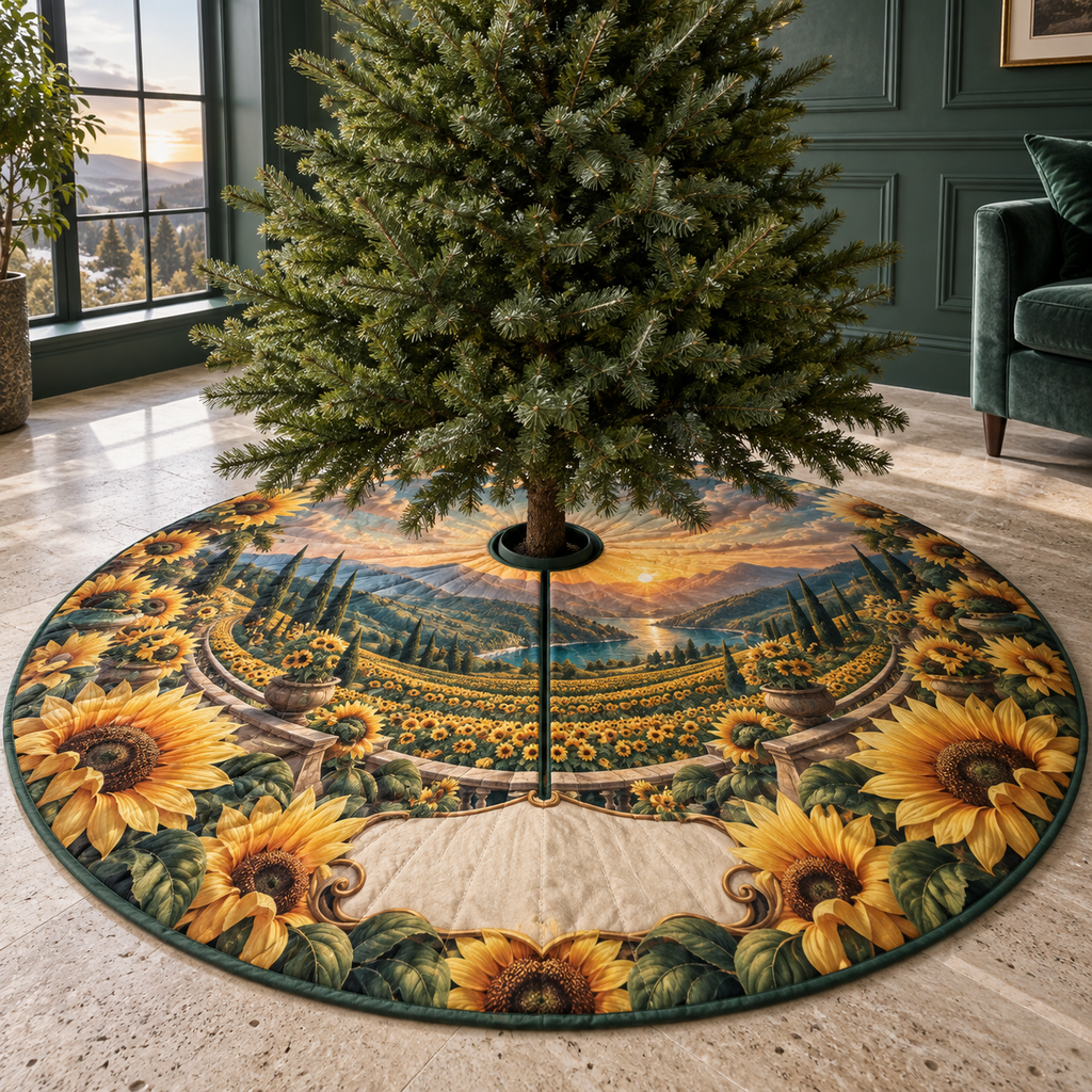 One tree skirt with monumental foreground sunflowers, sweeping terraces, teal valley, amber horizon and blank cream personalization cartouche.