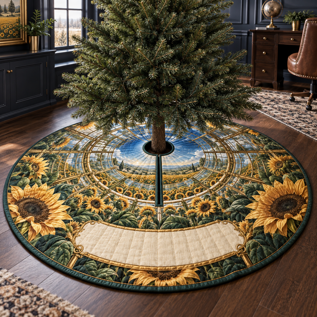 One tree skirt with monumental sunflower petals, brass observatory rings, emerald botanical grids, deep blue sky corridor and blank ivory personalization panel.