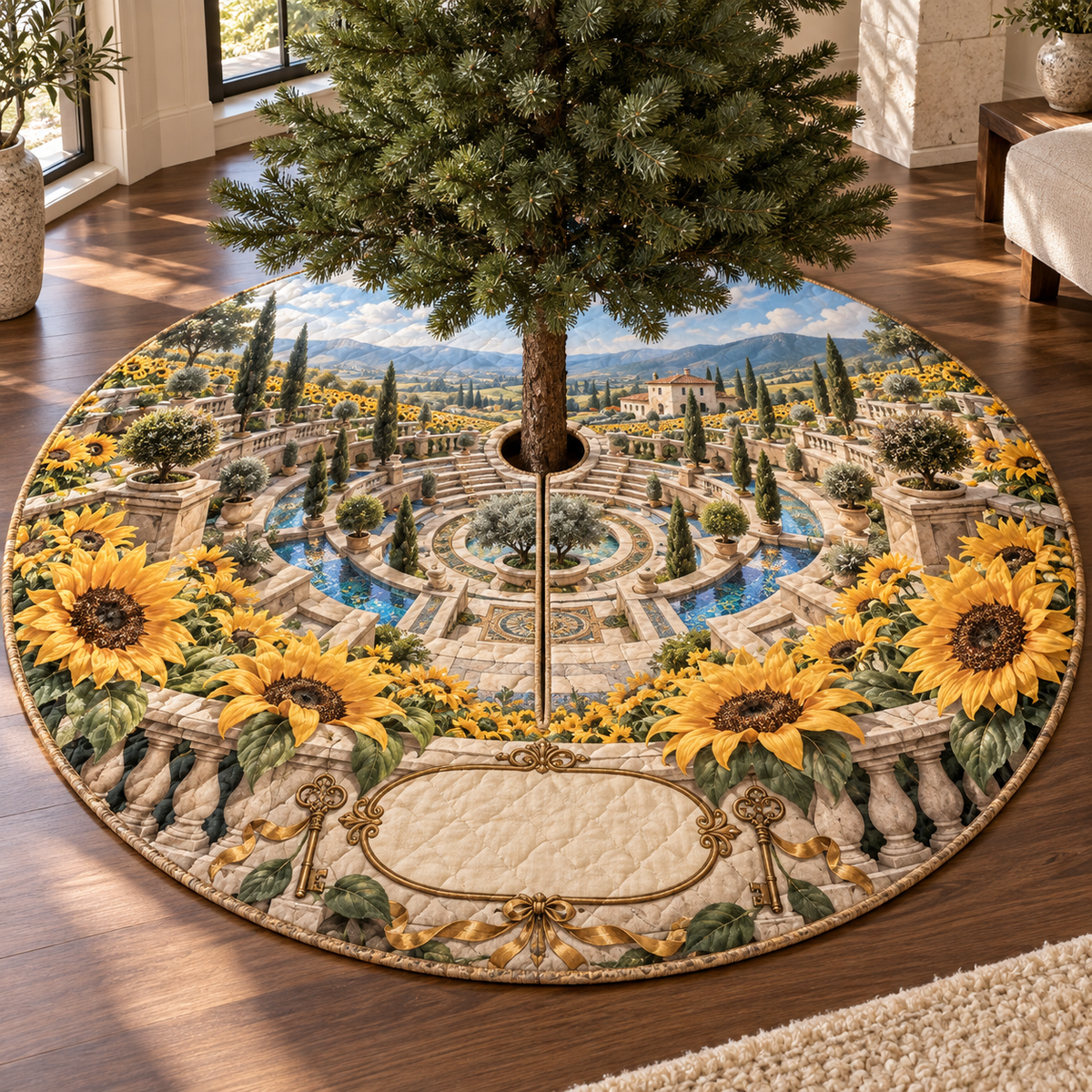 One tree skirt with monumental sunflowers, sunken limestone courtyard, sapphire mosaic channels, cream house and blank ivory personalization plaque.