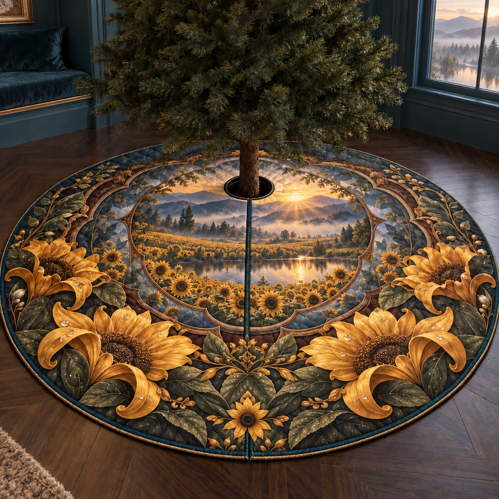One tree skirt with monumental dew-covered sunflowers, nested walnut shadowbox layers, reflective pool, indigo hills and a seamless finished composition.