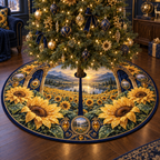 One tree skirt with a continuous sunflower collector gallery, monumental golden blooms, antique-brass arches, indigo velvet bays and a deep sunrise valley.