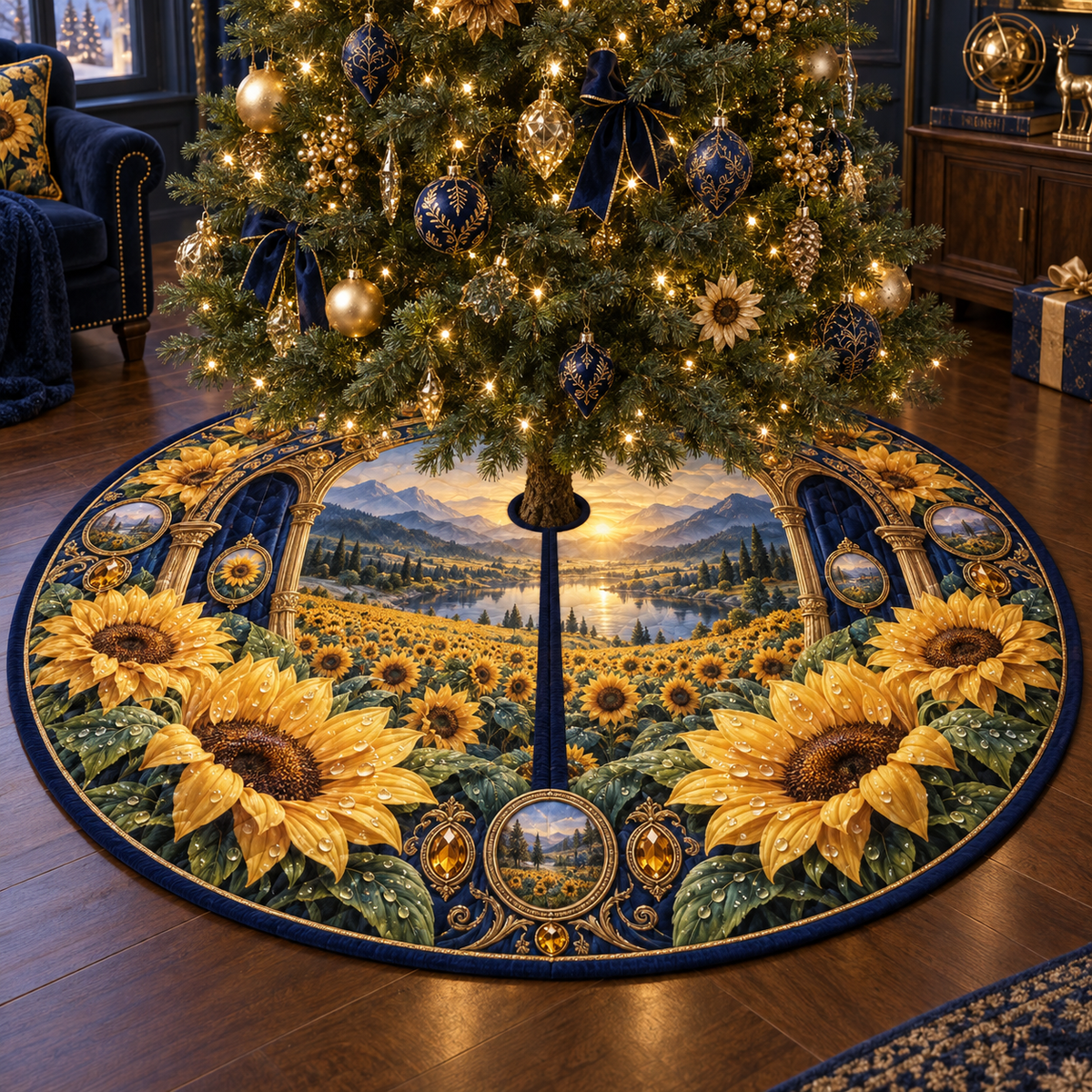 One tree skirt with a continuous sunflower collector gallery, monumental golden blooms, antique-brass arches, indigo velvet bays and a deep sunrise valley.