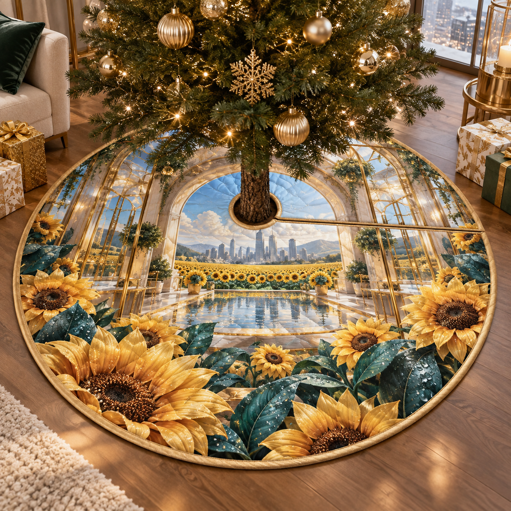 One tree skirt with a continuous sunflower apartment gallery, folded golden blooms, ivory portals, prismatic panels and a deep modern skyline.