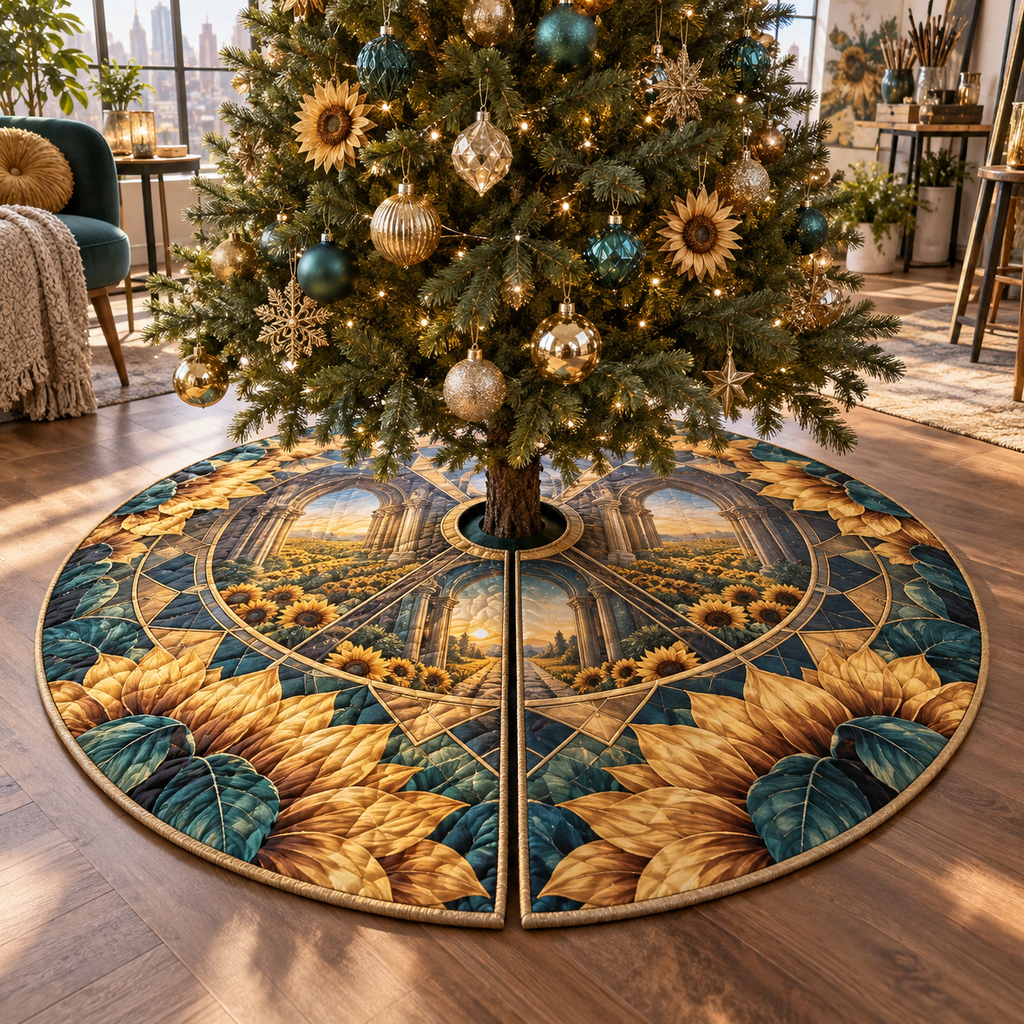 One tree skirt with a continuous sunflower maker atelier, folded golden blooms, brass drafting arcs, prismatic facets and a deep studio skyline.