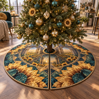 One tree skirt with a continuous sunflower maker atelier, folded golden blooms, brass drafting arcs, prismatic facets and a deep studio skyline.
