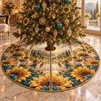 One tree skirt with a continuous sunflower welcome villa, folded golden blooms, champagne gates, crystal lantern facets and a deep terrace path.