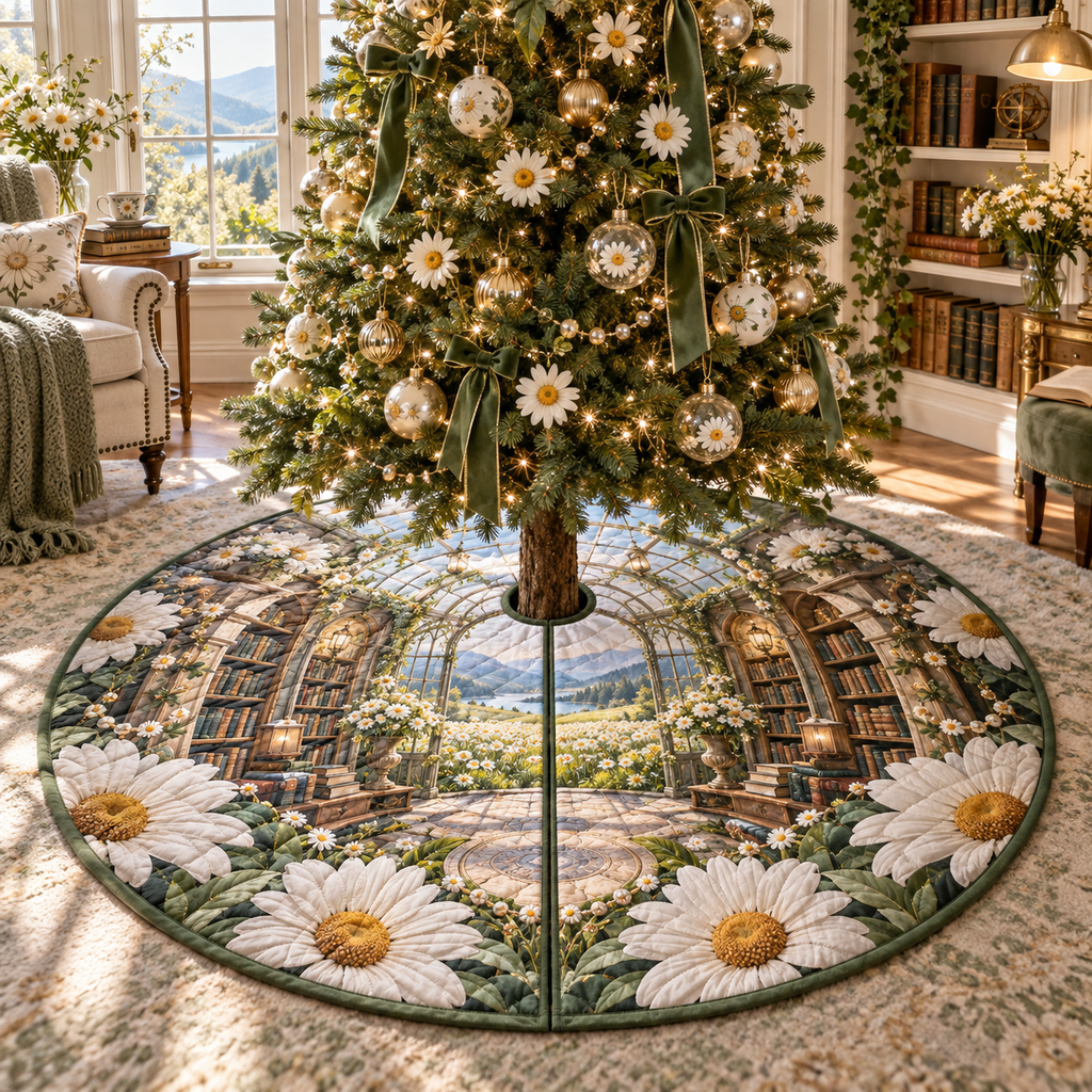 One tree skirt with a continuous daisy glasshouse library, luminous white blooms, pearl garlands, arched alcoves and a deep meadow path.