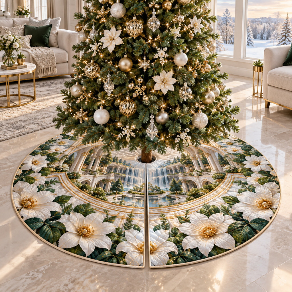 One tree skirt with a continuous modern daisy cascade, porcelain blooms, champagne terraces, mirrored channels and a deep waterfall atrium.