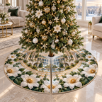 One tree skirt with a continuous modern daisy cascade, porcelain blooms, champagne terraces, mirrored channels and a deep waterfall atrium.