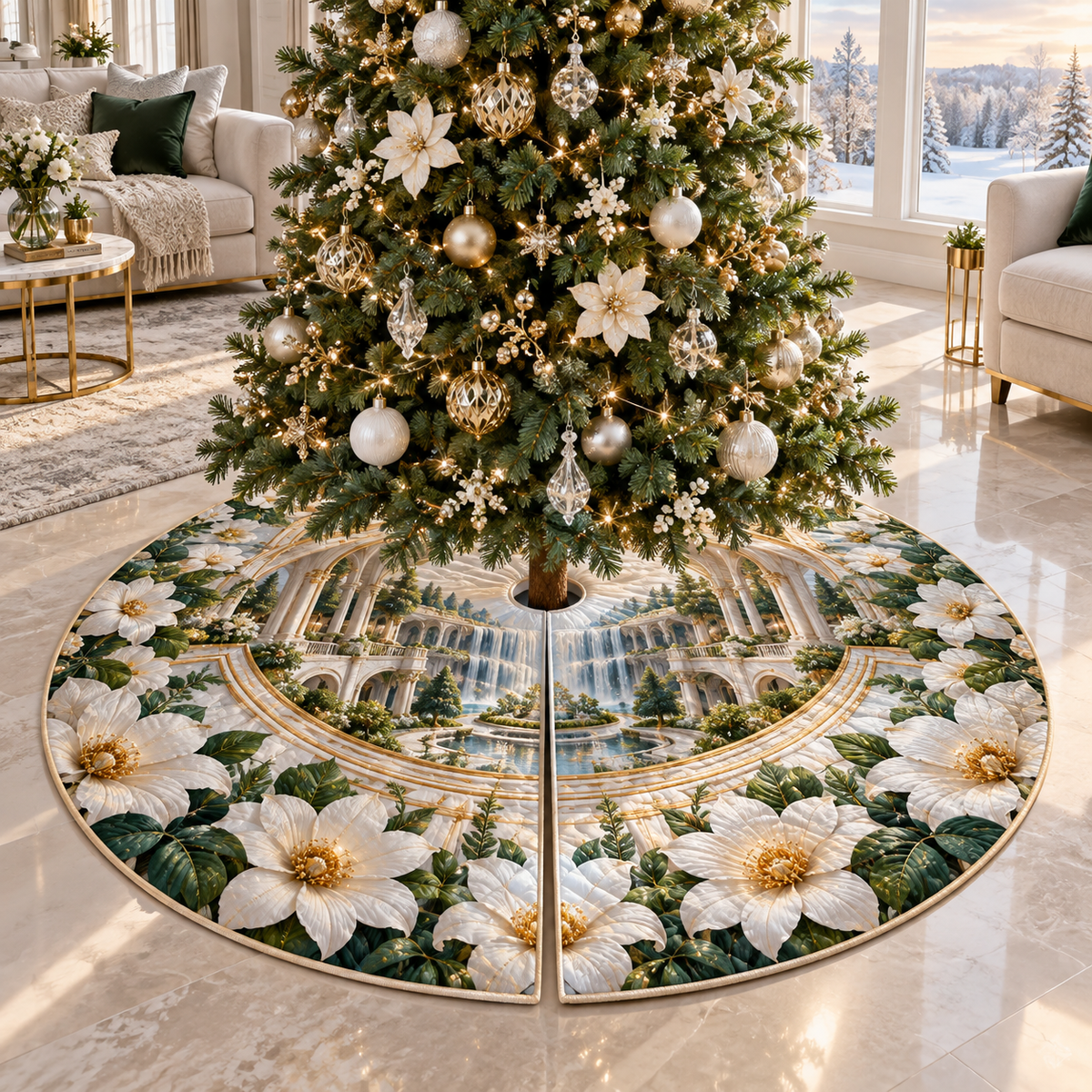 One tree skirt with a continuous modern daisy cascade, porcelain blooms, champagne terraces, mirrored channels and a deep waterfall atrium.