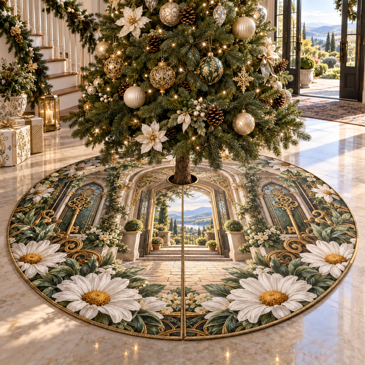 One tree skirt with a continuous daisy key manor, white blooms, brass coordinate rings, sapphire grids and a deep city vista.