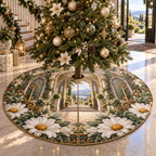 One tree skirt with a continuous daisy key manor, white blooms, brass coordinate rings, sapphire grids and a deep city vista.