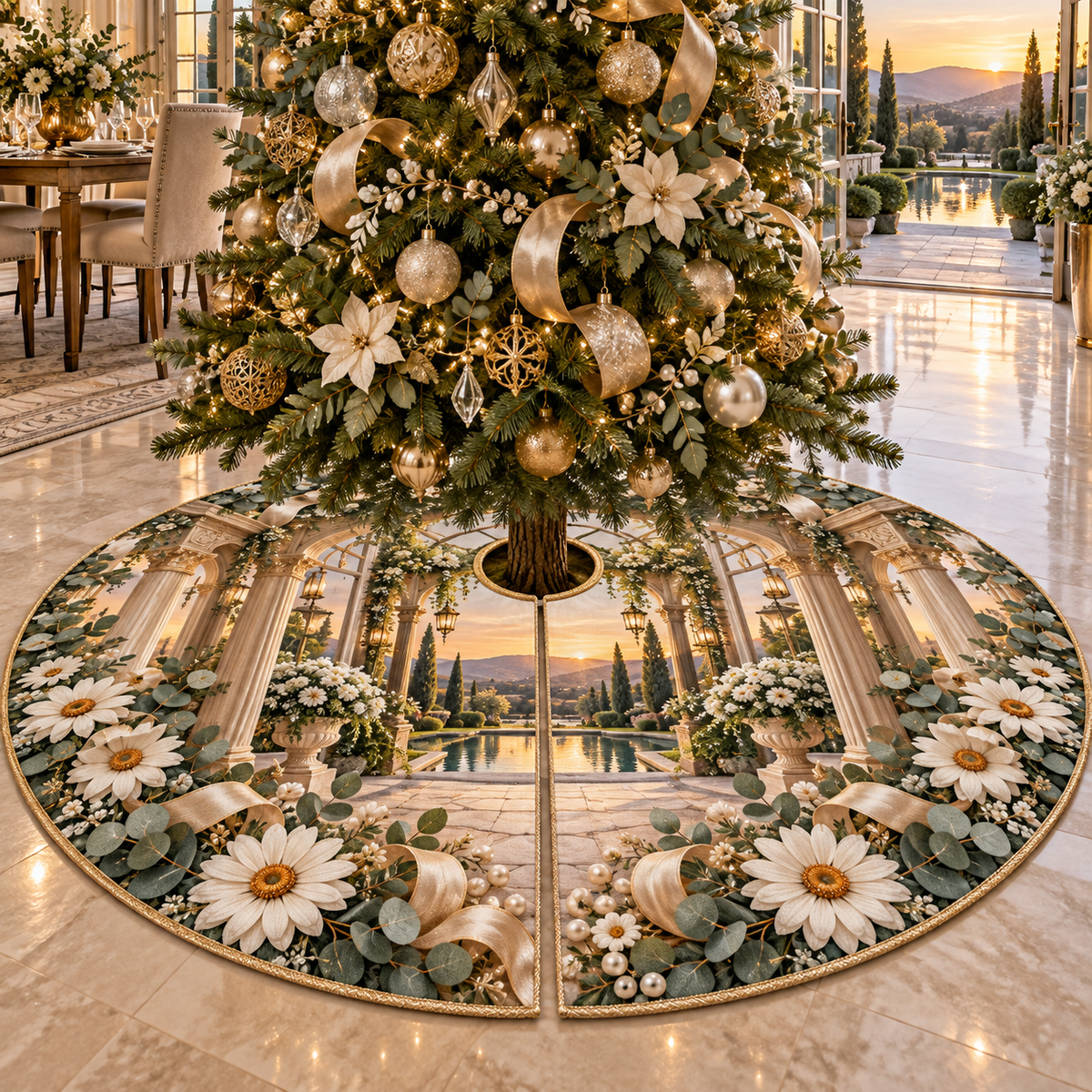 One tree skirt with a continuous daisy hospitality veranda, white blooms, brass coordinate rings, sapphire grids and a deep city vista.