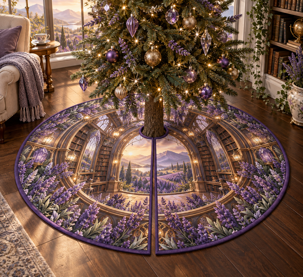 One tree skirt with a continuous lavender reading conservatory, white blooms, brass coordinate rings, sapphire grids and a deep city vista.