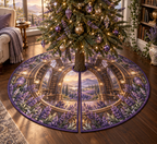 One tree skirt with a continuous lavender reading conservatory, white blooms, brass coordinate rings, sapphire grids and a deep city vista.