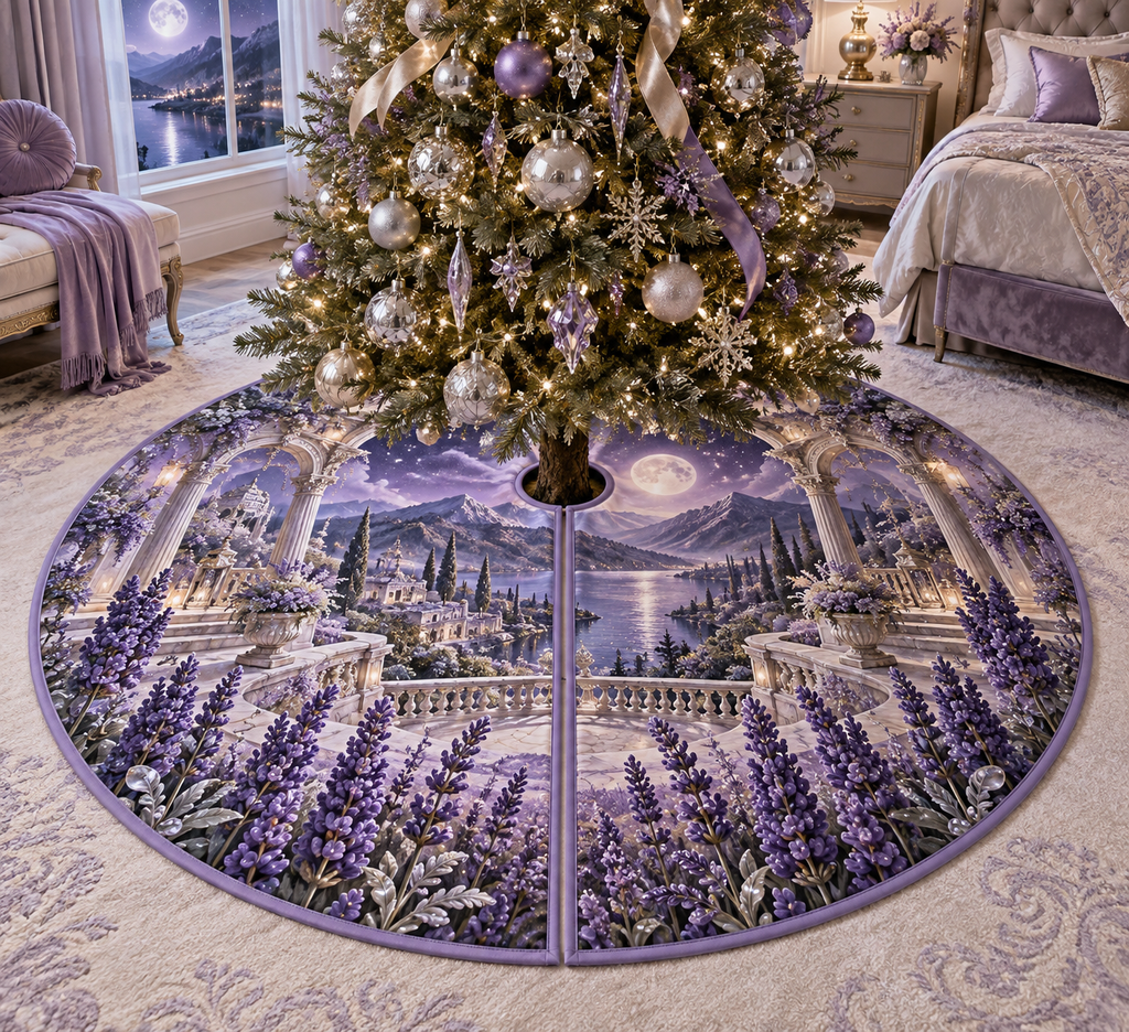 One tree skirt with a continuous lavender moon garden, white blooms, brass coordinate rings, sapphire grids and a deep city vista.