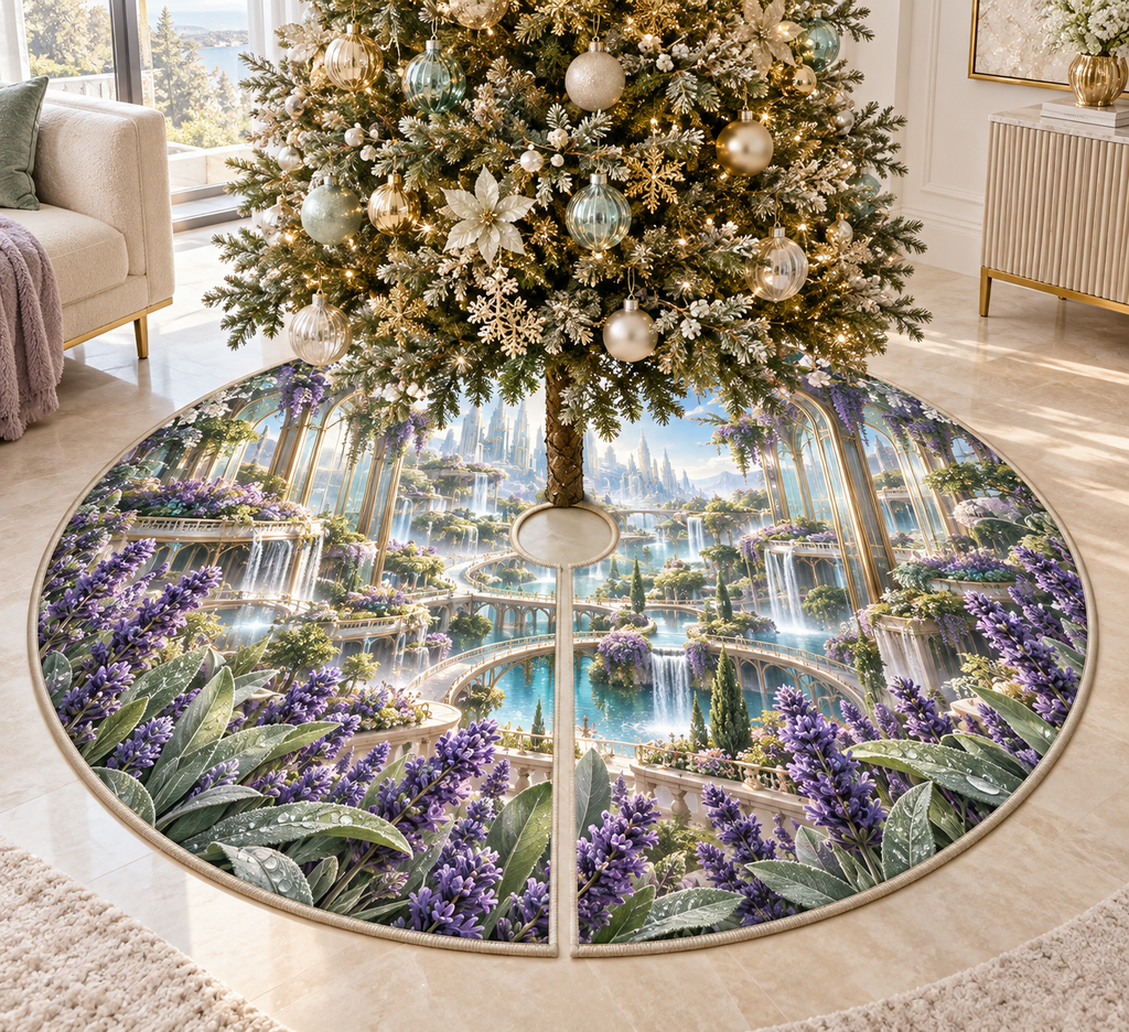 One tree skirt with a continuous lavender skybridge atrium, white blooms, brass coordinate rings, sapphire grids and a deep city vista.