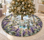 One tree skirt with a continuous lavender skybridge atrium, white blooms, brass coordinate rings, sapphire grids and a deep city vista.