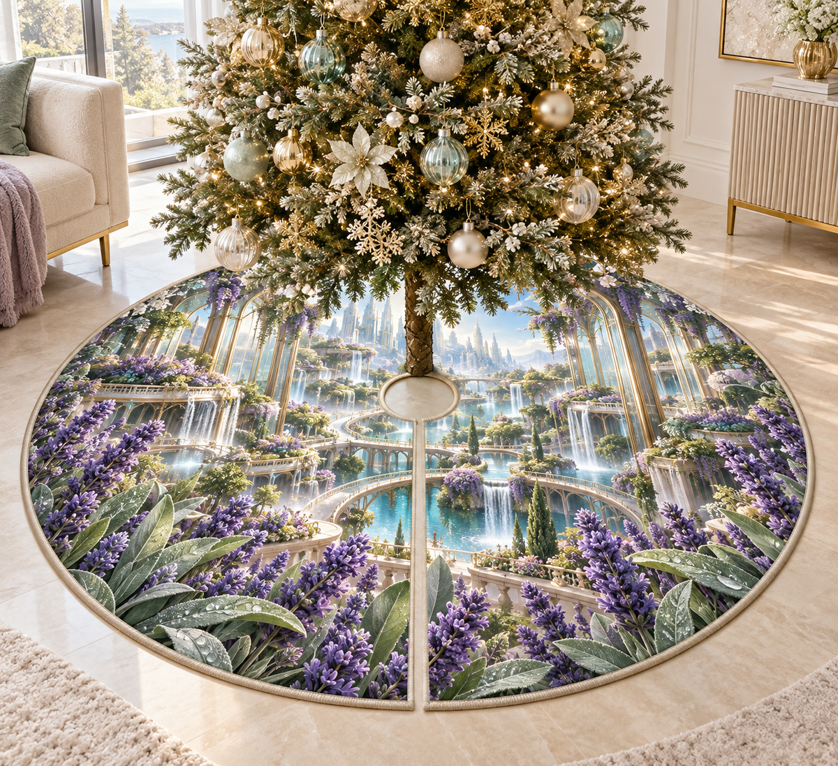 One tree skirt with a continuous lavender skybridge atrium, white blooms, brass coordinate rings, sapphire grids and a deep city vista.