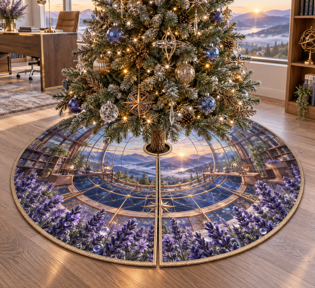 One tree skirt with a continuous lavender observatory studio, white blooms, brass coordinate rings, sapphire grids and a deep city vista.