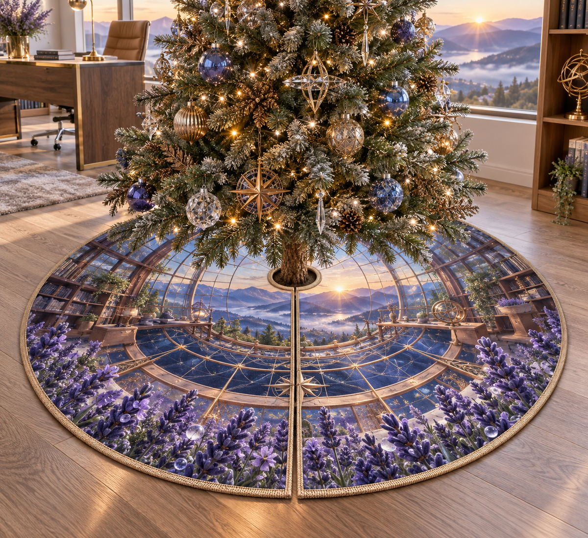 One tree skirt with a continuous lavender observatory studio, white blooms, brass coordinate rings, sapphire grids and a deep city vista.