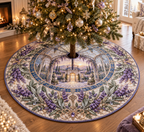 One tree skirt with a continuous lavender welcome atrium, white blooms, brass coordinate rings, sapphire grids and a deep city vista.
