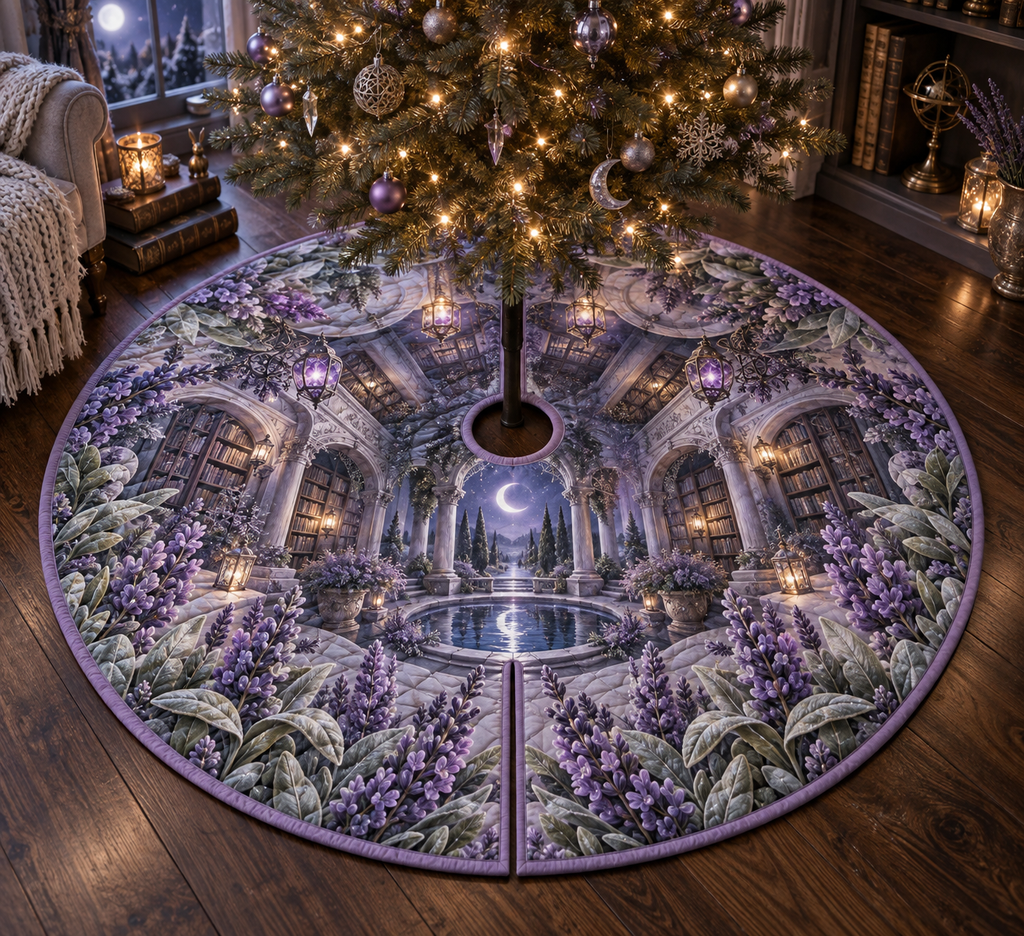 One tree skirt with a continuous lavender moonwell library, white blooms, brass coordinate rings, sapphire grids and a deep city vista.