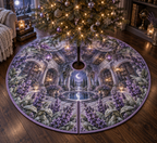 One tree skirt with a continuous lavender moonwell library, white blooms, brass coordinate rings, sapphire grids and a deep city vista.