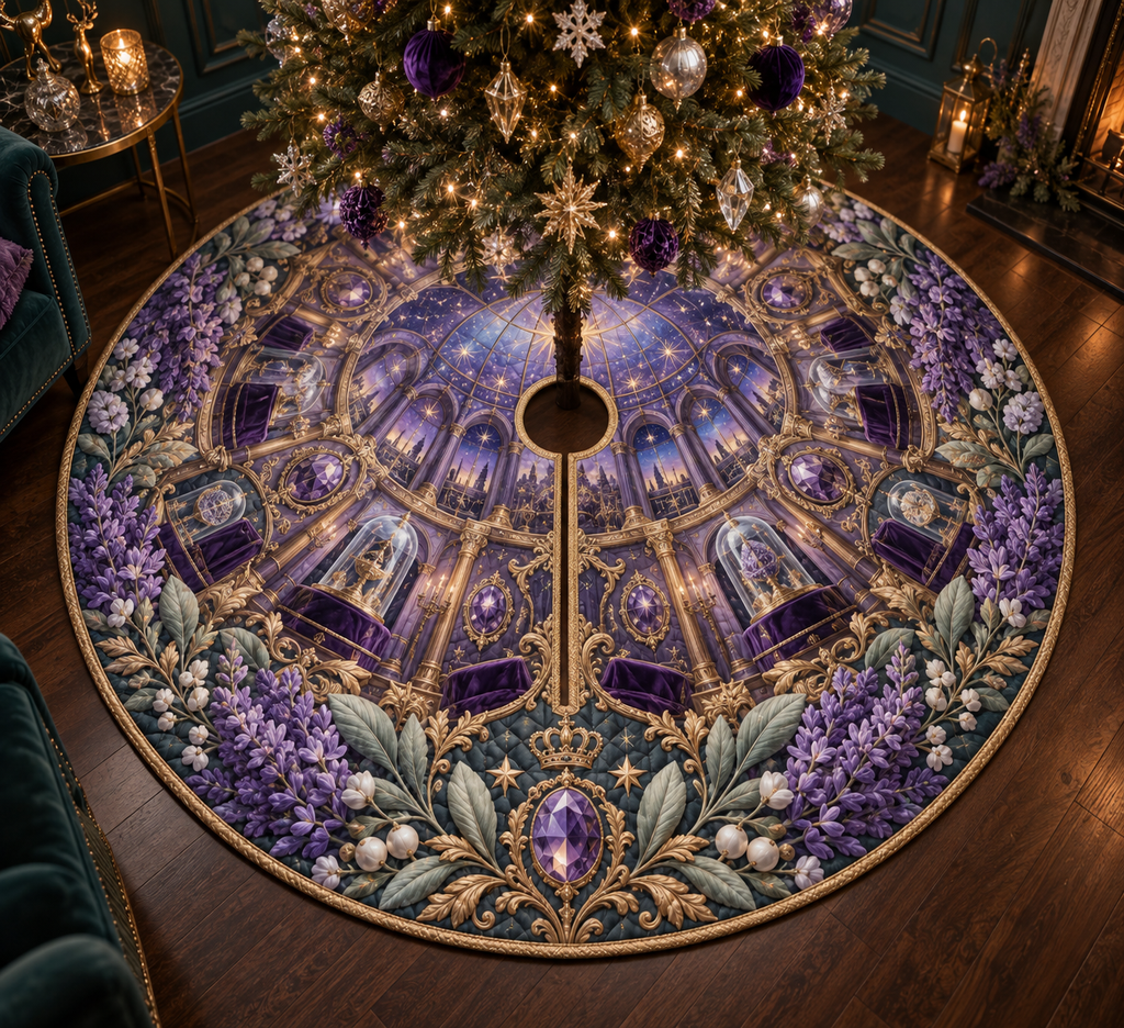 One tree skirt with a continuous lavender jubilee gallery, white blooms, brass coordinate rings, sapphire grids and a deep city vista.