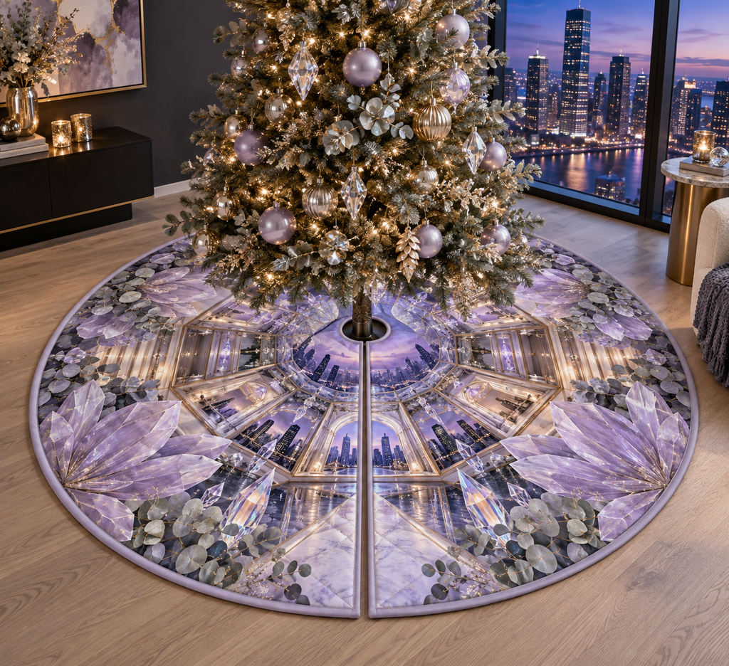 One tree skirt with a continuous lavender prism loft gallery, white blooms, brass coordinate rings, sapphire grids and a deep city vista.
