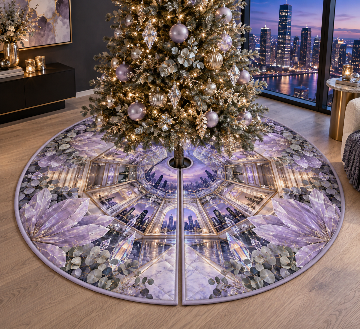 One tree skirt with a continuous lavender prism loft gallery, white blooms, brass coordinate rings, sapphire grids and a deep city vista.