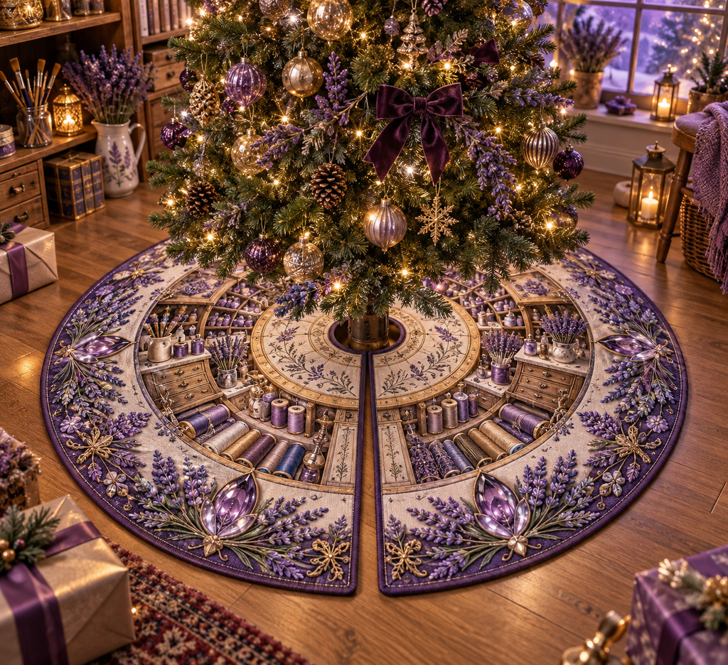 One tree skirt with a continuous lavender artisan atelier, white blooms, brass coordinate rings, sapphire grids and a deep city vista.