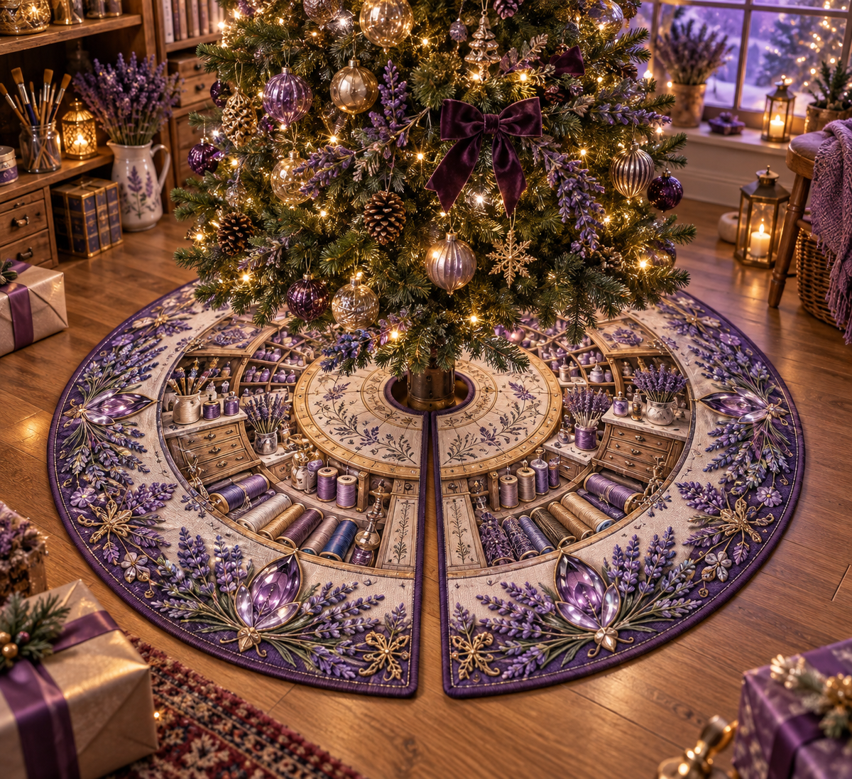 One tree skirt with a continuous lavender artisan atelier, white blooms, brass coordinate rings, sapphire grids and a deep city vista.
