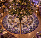 One tree skirt with a continuous lavender artisan atelier, white blooms, brass coordinate rings, sapphire grids and a deep city vista.