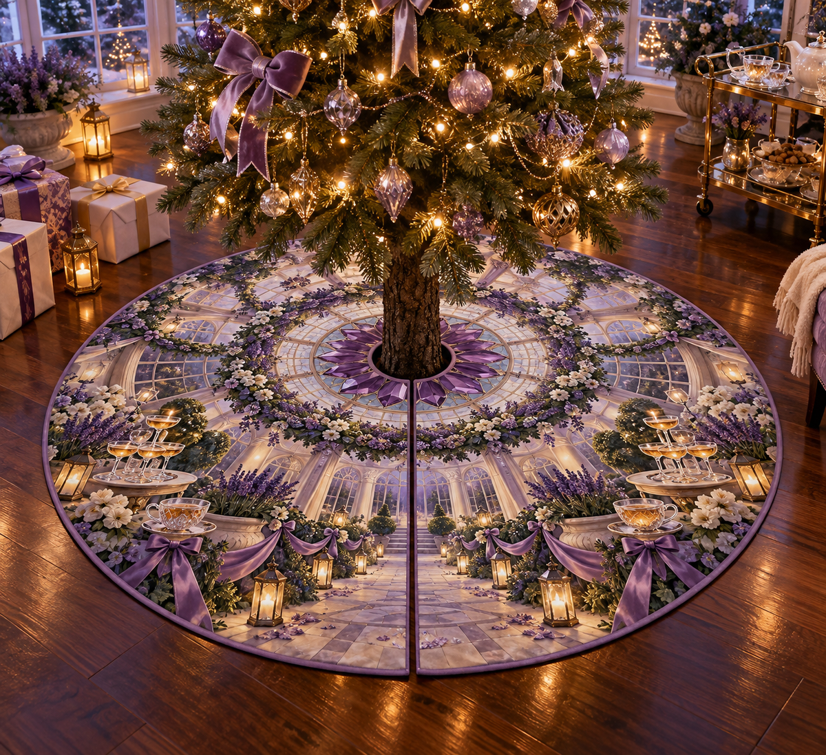 One tree skirt with a continuous lavender welcome conservatory, white blooms, brass coordinate rings, sapphire grids and a deep city vista.