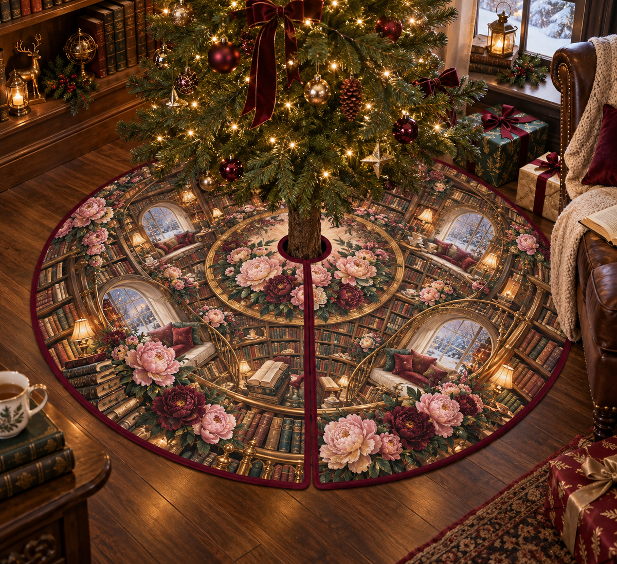 One tree skirt with a continuous peony storybook alcove, white blooms, brass coordinate rings, sapphire grids and a deep city vista.