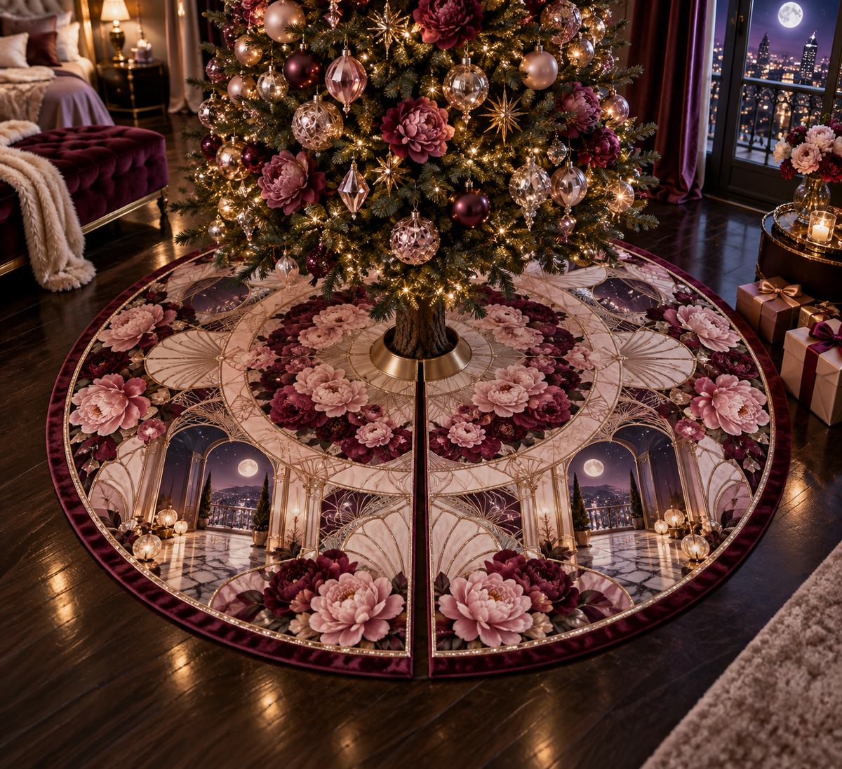 One tree skirt with a continuous peony celestial boudoir, white blooms, brass coordinate rings, sapphire grids and a deep city vista.