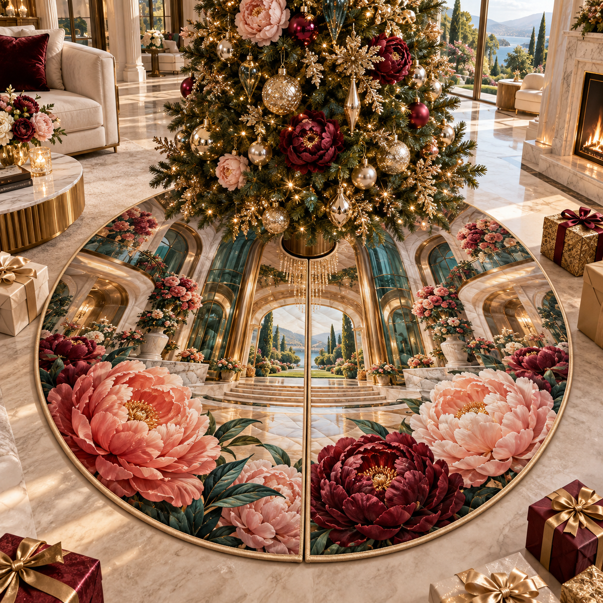 One tree skirt with a continuous peony grand salon, coral and wine peonies, champagne portals, smoky teal glass and a deep sunlit salon vista.