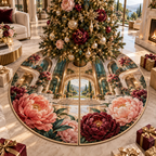 One tree skirt with a continuous peony grand salon, coral and wine peonies, champagne portals, smoky teal glass and a deep sunlit salon vista.