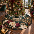 One tree skirt with a continuous peony architect observatory, ivory and burgundy peonies, aged-brass drafting arcs, emerald glass and a deep conservatory-library vista.