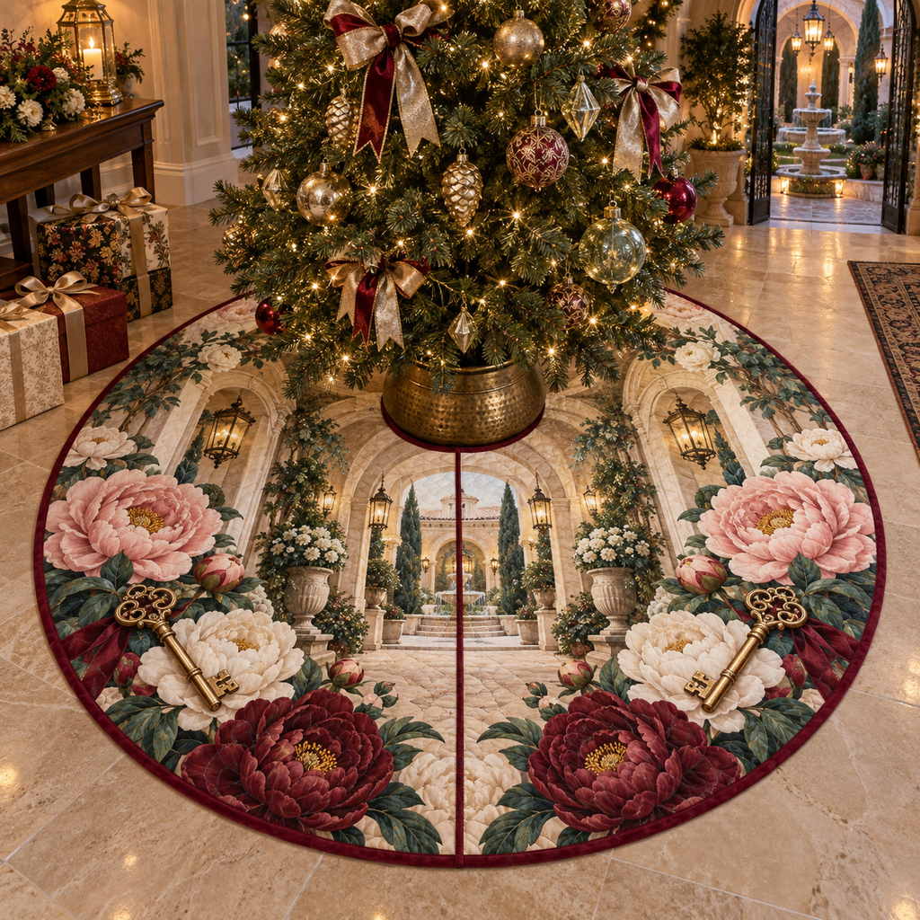 One tree skirt with a continuous peony welcome atrium, blush, ivory and garnet peonies, antique-brass keys, travertine arches and a deep lantern courtyard vista.