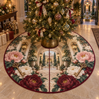One tree skirt with a continuous peony welcome atrium, blush, ivory and garnet peonies, antique-brass keys, travertine arches and a deep lantern courtyard vista.