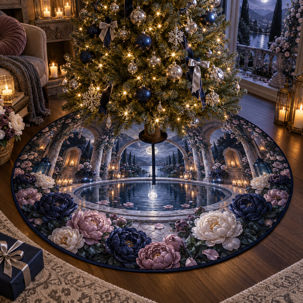 One tree skirt with a continuous peony moonwell sanctuary, indigo, mauve and moonstone peonies, silver arches, blue glass and a deep moonlit pool vista.