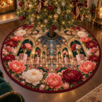 One tree skirt with a continuous peony curator jubilee gallery, ruby, coral, ivory and blush peonies, emerald niches, gold arches and a deep conservatory vista.