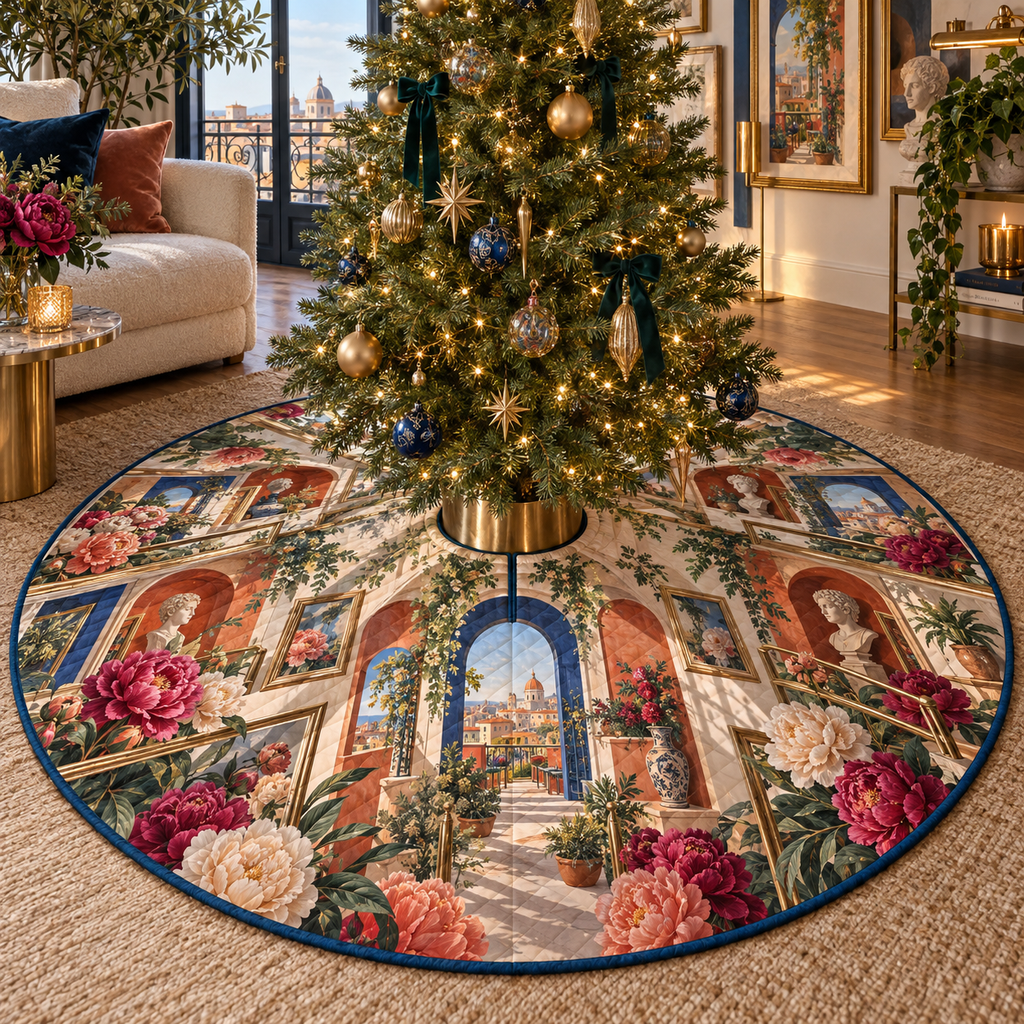 One tree skirt with a continuous peony floating loft fresco, magenta, coral and cream peonies, cobalt arches, terracotta niches and a deep rooftop vista.