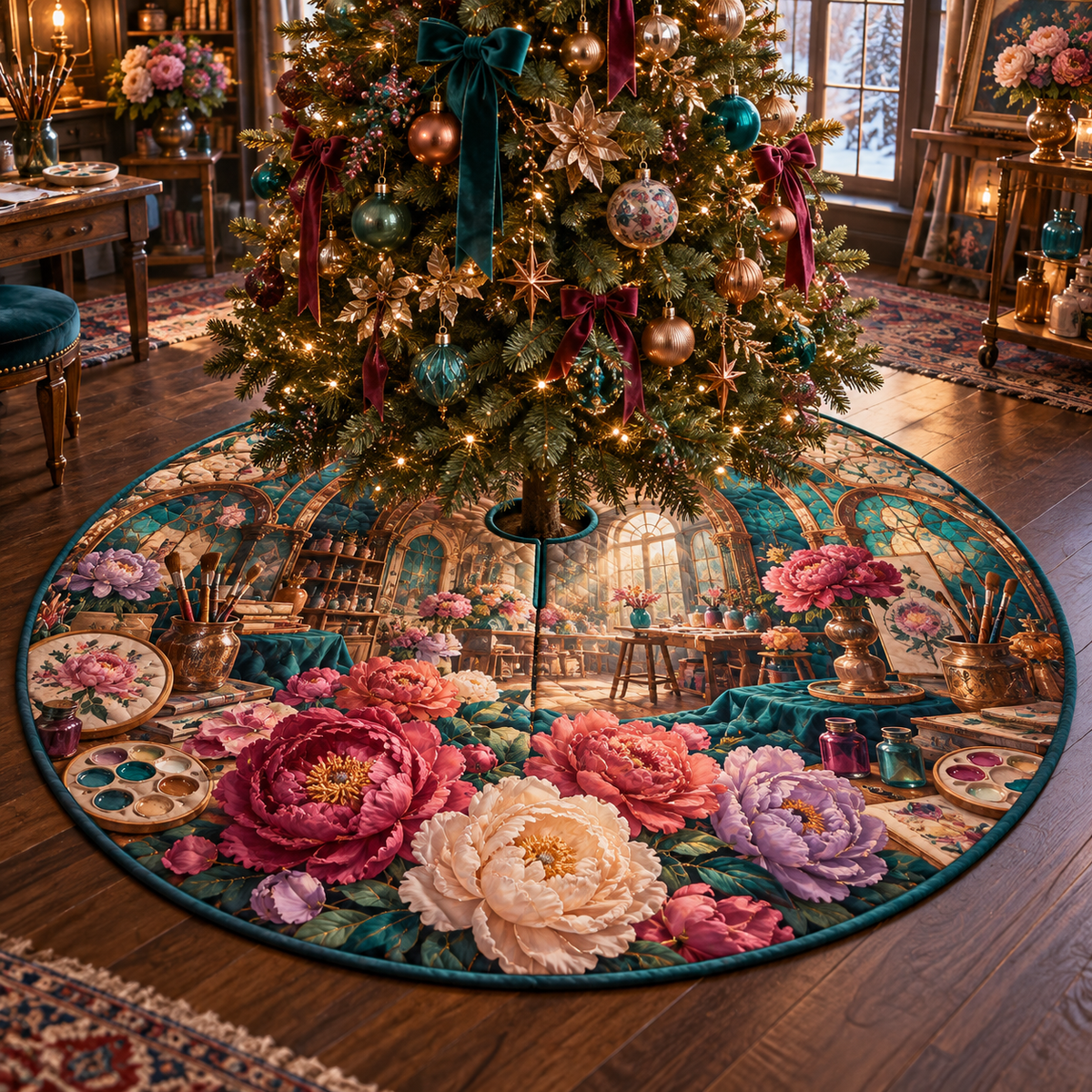 One tree skirt with a continuous peony artisan prism atelier, magenta, coral and cream peonies, cobalt arches, terracotta niches and a deep rooftop vista.