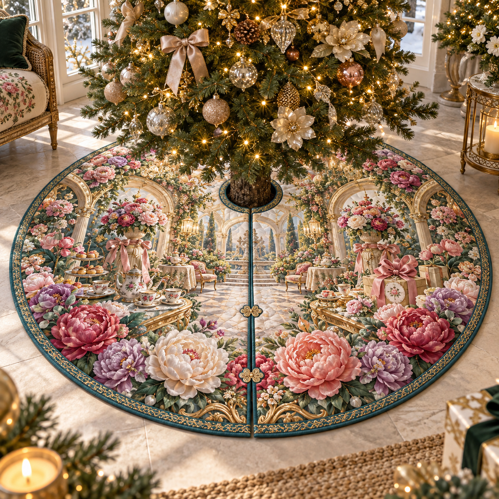 One tree skirt with a continuous peony gratitude conservatory, blush, raspberry, coral and ivory peonies, champagne-gold arches, tea service and a deep sunlit garden vista.