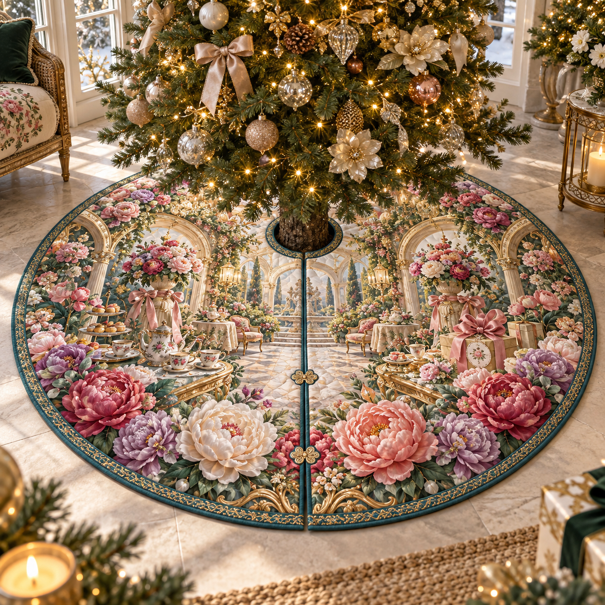 One tree skirt with a continuous peony gratitude conservatory, blush, raspberry, coral and ivory peonies, champagne-gold arches, tea service and a deep sunlit garden vista.
