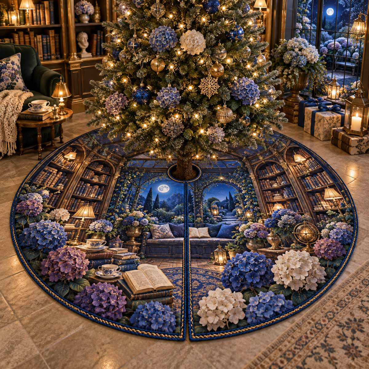 One tree skirt with a continuous moonlit hydrangea library, cobalt, periwinkle and ivory blooms, antique-brass shelves, warm reading lamps and a deep window-seat vista.