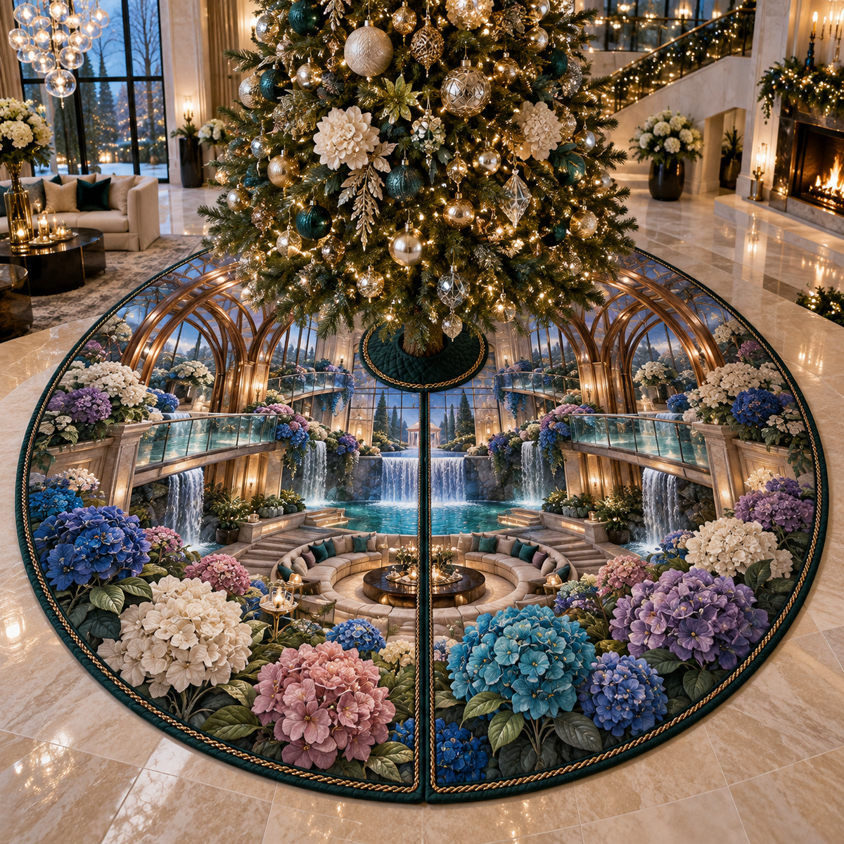 One tree skirt with a continuous hydrangea cascade atrium, cobalt, turquoise, violet and ivory blooms, bronze arches, waterfalls and a deep sunken salon.